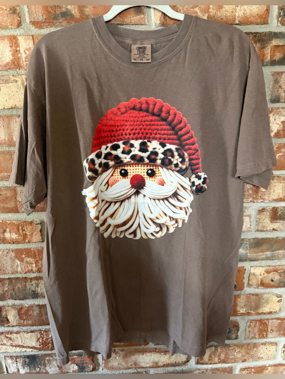 Comfort Colors Brown Short Sleeve Tee with Red Leopard-Trim Santa Graphic